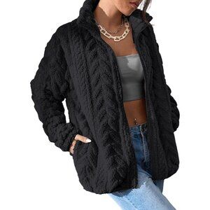 Women's Black Fleece Jacket 2026 Zipper Stand Collar Casual Coats with Pockets